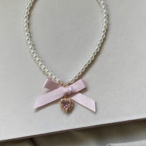 Sweet CZ Inlaid Heart Ribbon Bowknot Pendant Pearl Chain Necklace - ArtGalleryZen