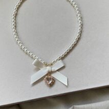 Sweet CZ Inlaid Heart Ribbon Bowknot Pendant Pearl Chain Necklace - ArtGalleryZen