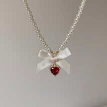 Sweet CZ Inlaid Heart Ribbon Bowknot Pendant Pearl Chain Necklace - ArtGalleryZen