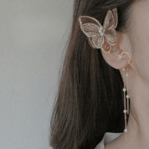 Sweet Embroidery Butterfly Pearl Chain Tassel Elf Ear Cuff Wrap Earring - ArtGalleryZen