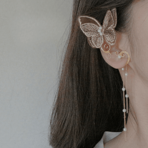 Sweet Embroidery Butterfly Pearl Chain Tassel Elf Ear Cuff Wrap Earring - ArtGalleryZen