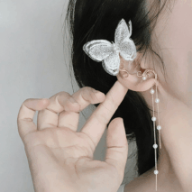 Sweet Embroidery Butterfly Pearl Chain Tassel Elf Ear Cuff Wrap Earring - ArtGalleryZen
