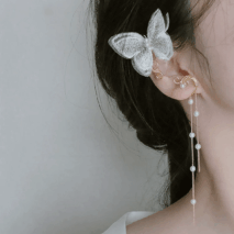 Sweet Embroidery Butterfly Pearl Chain Tassel Elf Ear Cuff Wrap Earring - ArtGalleryZen