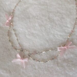 Sweet Layered Bowknot Heart Charm Pearl Chain Necklace - ArtGalleryZen