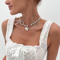 Sweet Layered Shell Bowknot Charm Agate Pearl Chain Necklace - ArtGalleryZen
