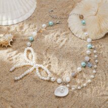 Sweet Layered Shell Bowknot Charm Agate Pearl Chain Necklace - ArtGalleryZen