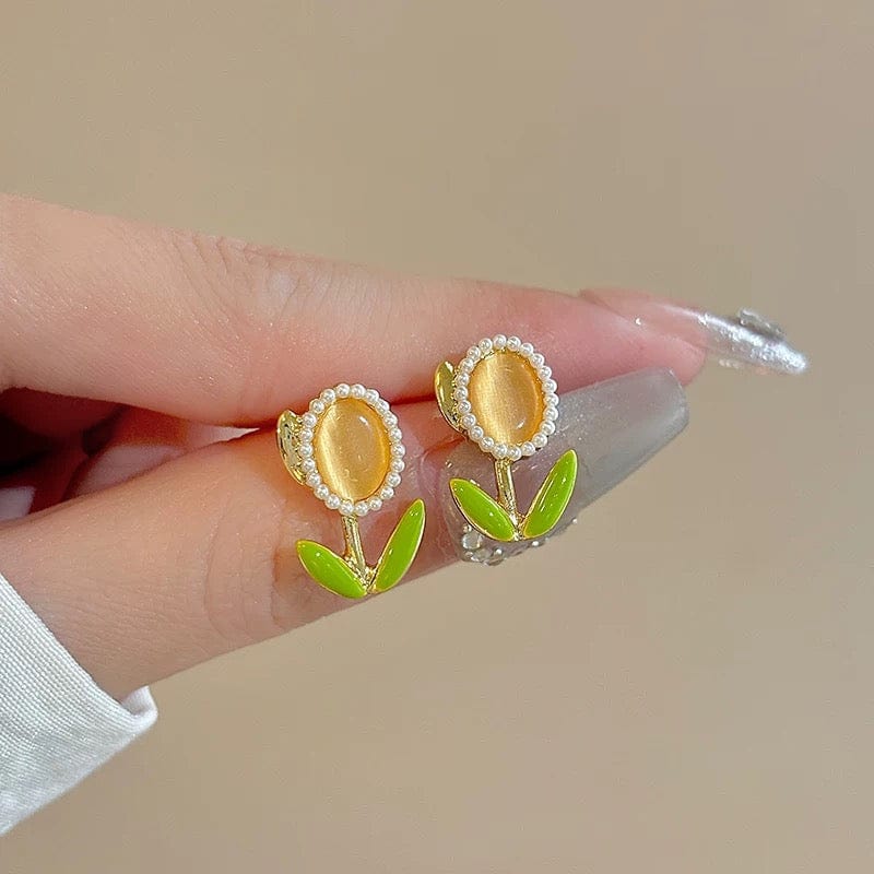 Sweet Pearl Inlaid Cat's Eye Stone Tulip Earrings - ArtGalleryZen