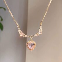 Sweet Pink Crystal Heart Pendant CZ Inlaid Necklace - ArtGalleryZen