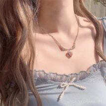 Sweet Pink Crystal Heart Pendant CZ Inlaid Necklace - ArtGalleryZen