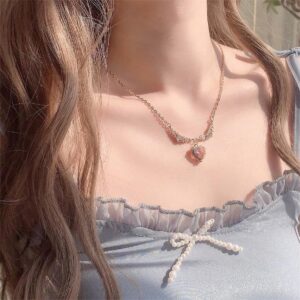 Sweet Pink Crystal Heart Pendant CZ Inlaid Necklace - ArtGalleryZen