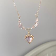 Sweet Pink Crystal Heart Pendant CZ Inlaid Necklace - ArtGalleryZen