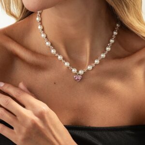 Sweet Rhinestone Heart Pendant Pearl Seed Beaded Choker Necklace - ArtGalleryZen