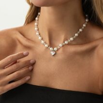 Sweet Rhinestone Heart Pendant Pearl Seed Beaded Choker Necklace - ArtGalleryZen
