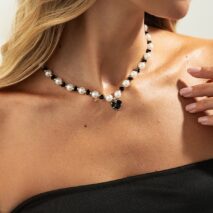 Sweet Rhinestone Heart Pendant Pearl Seed Beaded Choker Necklace - ArtGalleryZen
