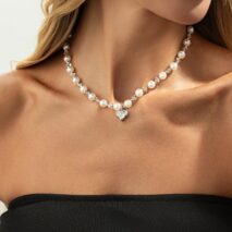 Sweet Rhinestone Heart Pendant Pearl Seed Beaded Choker Necklace - ArtGalleryZen