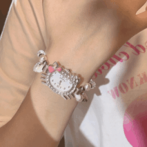 Sweet Rhinestone Inlaid Cupid Charm Pearl Chain Hello Kitty Watch - ArtGalleryZen