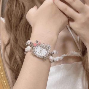 Sweet Rhinestone Inlaid Cupid Charm Pearl Chain Hello Kitty Watch - ArtGalleryZen