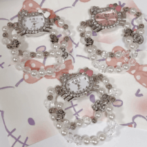 Sweet Rhinestone Inlaid Cupid Charm Pearl Chain Hello Kitty Watch - ArtGalleryZen