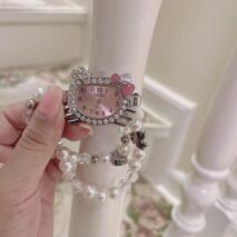 Sweet Rhinestone Inlaid Cupid Charm Pearl Chain Hello Kitty Watch - ArtGalleryZen