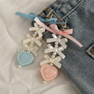 Sweet Ribbon Bowknot Floral Heart Charm Pearl Beaded Keychain Set - ArtGalleryZen