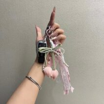 Sweet Tulip Bowknot Pearl Lace Charm Heart Keychain - ArtGalleryZen