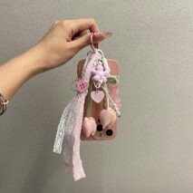 Sweet Tulip Bowknot Pearl Lace Charm Heart Keychain - ArtGalleryZen