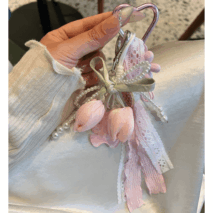 Sweet Tulip Bowknot Pearl Lace Charm Heart Keychain - ArtGalleryZen