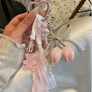 Sweet Tulip Bowknot Pearl Lace Charm Heart Keychain - ArtGalleryZen