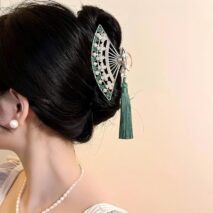 Temperament Flower Pearl Inlaid Tassel Fan Shaped Hair Claw - ArtGalleryZen