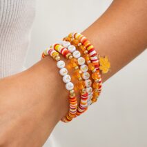 Thanksgiving Layered Maple Leaf Charm Letter Crystal Beaded Stackable Bracelet Set - ArtGalleryZen