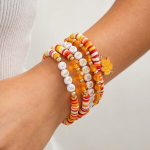 Thanksgiving Layered Maple Leaf Charm Letter Crystal Beaded Stackable Bracelet Set - ArtGalleryZen