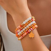 Thanksgiving Layered Maple Leaf Charm Letter Crystal Beaded Stackable Bracelet Set - ArtGalleryZen