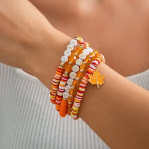 Thanksgiving Layered Maple Leaf Charm Letter Crystal Beaded Stackable Bracelet Set - ArtGalleryZen
