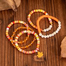Thanksgiving Layered Maple Leaf Charm Letter Crystal Beaded Stackable Bracelet Set - ArtGalleryZen