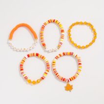 Thanksgiving Layered Maple Leaf Charm Letter Crystal Beaded Stackable Bracelet Set - ArtGalleryZen