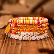 Thanksgiving Layered Maple Leaf Charm Letter Crystal Beaded Stackable Bracelet Set - ArtGalleryZen