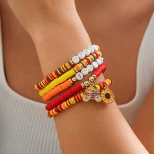 Thanksgiving Layered Sunflower Pumpkin Pendant Letter Polymer Clay Bracelet Set - ArtGalleryZen