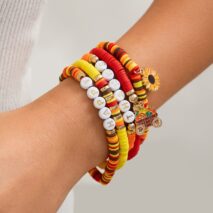 Thanksgiving Layered Sunflower Pumpkin Pendant Letter Polymer Clay Bracelet Set - ArtGalleryZen