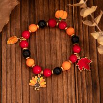 Thanksgiving Maple Leaf Pumpkin Turkey Pendant Acrylic Bead Bracelet - ArtGalleryZen