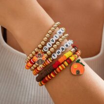 Thanksgiving Pumpkin Turkey Pendant Letter Polymer Clay Stackable Bracelet Set - ArtGalleryZen