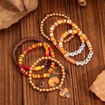 Thanksgiving Pumpkin Turkey Pendant Letter Polymer Clay Stackable Bracelet Set - ArtGalleryZen