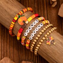 Thanksgiving Pumpkin Turkey Pendant Letter Polymer Clay Stackable Bracelet Set - ArtGalleryZen