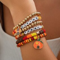 Thanksgiving Pumpkin Turkey Pendant Letter Polymer Clay Stackable Bracelet Set - ArtGalleryZen