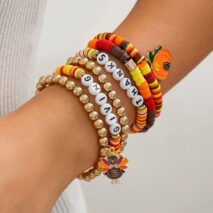 Thanksgiving Pumpkin Turkey Pendant Letter Polymer Clay Stackable Bracelet Set - ArtGalleryZen