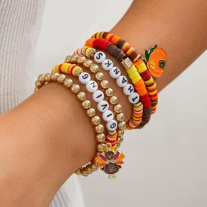 Thanksgiving Pumpkin Turkey Pendant Letter Polymer Clay Stackable Bracelet Set - ArtGalleryZen