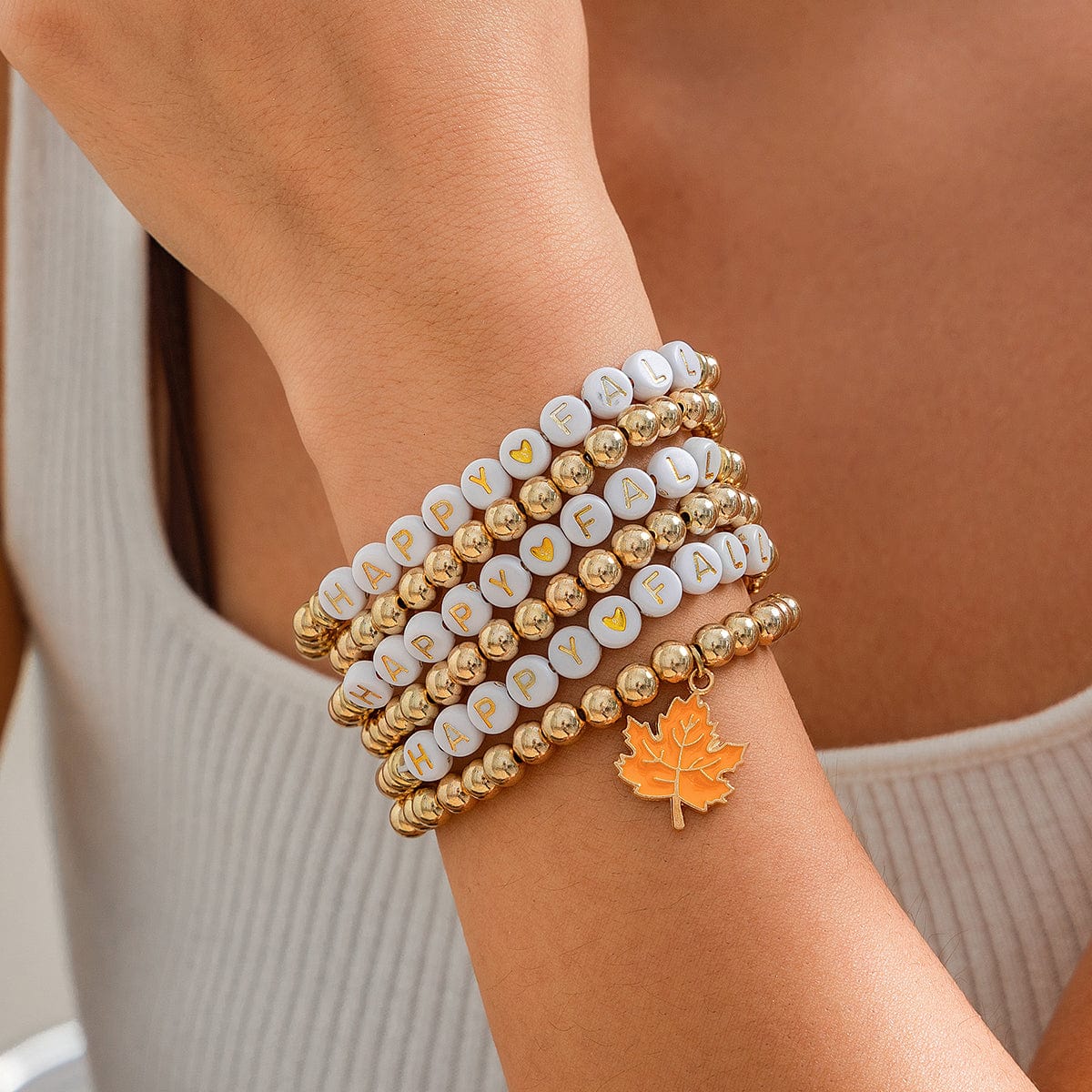 Thanksgiving Theme Maple Leaf Charm Letter Acrylic Beaded Bracelet Set - ArtGalleryZen