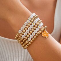 Thanksgiving Theme Maple Leaf Charm Letter Acrylic Beaded Bracelet Set - ArtGalleryZen
