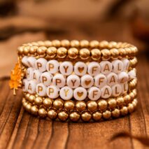 Thanksgiving Theme Maple Leaf Charm Letter Acrylic Beaded Bracelet Set - ArtGalleryZen