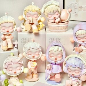 Collection of pastel-colored Pop Mart Skullpanda figurines on a white background