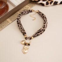 Tiger Eye Stone Heart Pendant Leopard Print Chiffon Choker Necklace - ArtGalleryZen